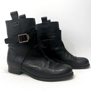 Chloe Black Leather Gold Buckle Ankle Moto Combat Flat Fur Pull On Boots 7 EU 37